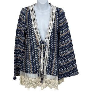 RYU‎ Lace Trim Bell Sleeve Nordic Knit Tie front Cardigan Women's Size Medium